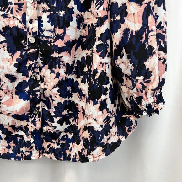 Adrienne Vittadini Button Up Floral Top 3/4 Sleeve Blue/Multi Floral Large - Picture 4 of 9